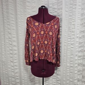 Gypsies & Moondust Boho Prairie Red and Orange Floral Blouse Top